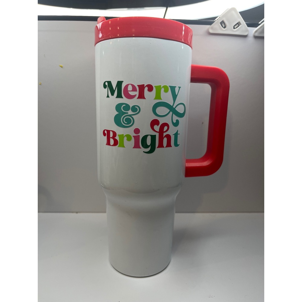Sleigh Bell Bistro Merry & Bright 40oz Tumbler Christmas Travel Mug White 2024
